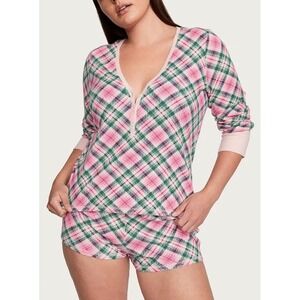 Victorias Secret Thermal Pajama Set Pink Green Plaid Henley Top Shorts XL NWT